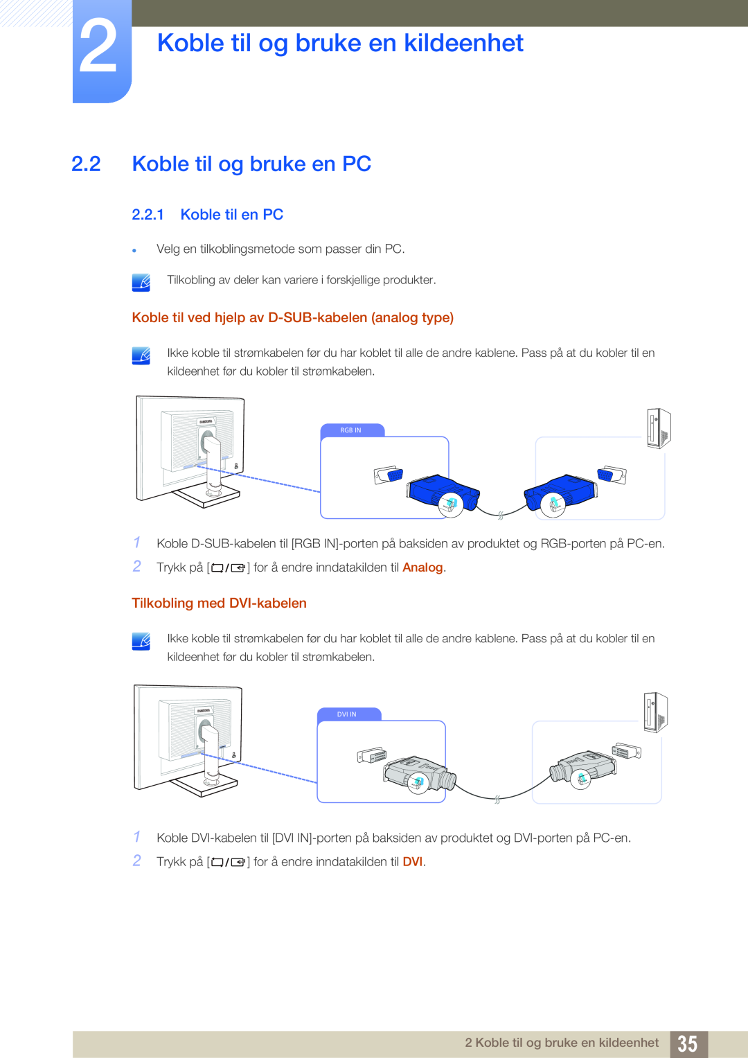 Samsung LS27C65UXS/EN, LS24C65XMWG/EN manual Koble til og bruke en PC, Koble til en PC, Koble til og bruke en kildeenhet 