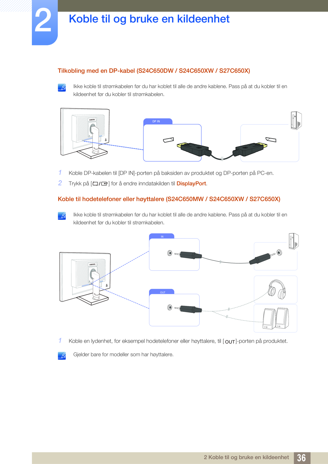 Samsung LS24C65XMWG/EN manual Koble til og bruke en kildeenhet, Tilkobling med en DP-kabel S24C650DW / S24C650XW / S27C650X 