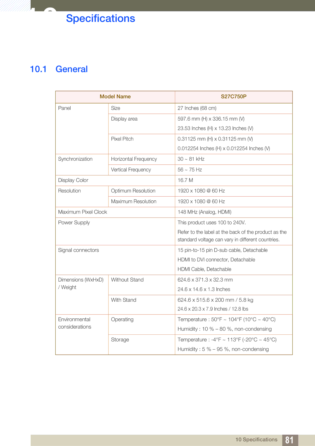 Samsung LS27C750PSA/CI, LS27C750PS/EN, LS27C750PS/UE, LS27C750PS/ZR, LS27C750PSX/CI, LS27C750PSX/KZ Specifications, General 