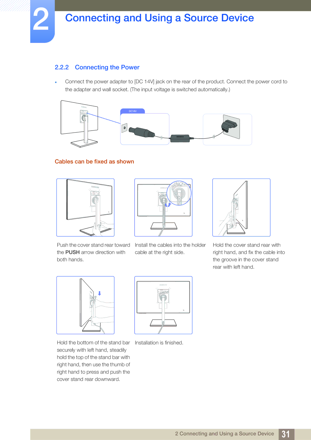 Samsung LS27C750PS/UE, LS27C750PS/EN, LS27C750PS/ZR, LS27C750PSA/CI manual Connecting the Power, Cables can be fixed as shown 