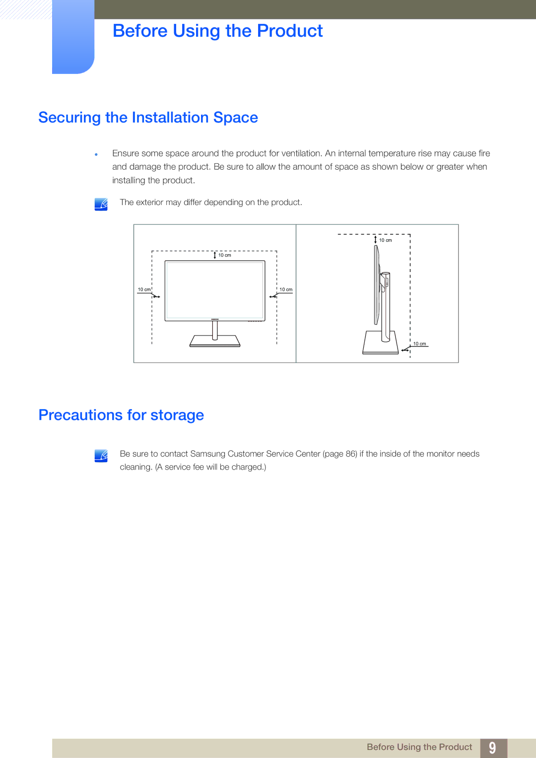 Samsung LS27C750PSA/CI, LS27C750PS/EN, LS27C750PS/UE, LS27C750PS/ZR Securing the Installation Space, Precautions for storage 