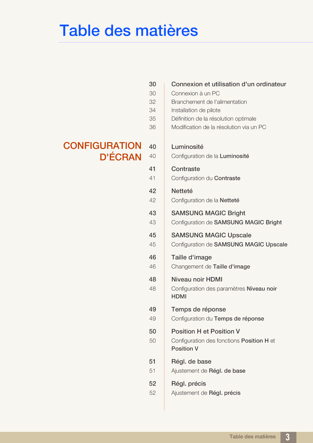 Samsung LS27C750PS/EN manual Configuration Décran 