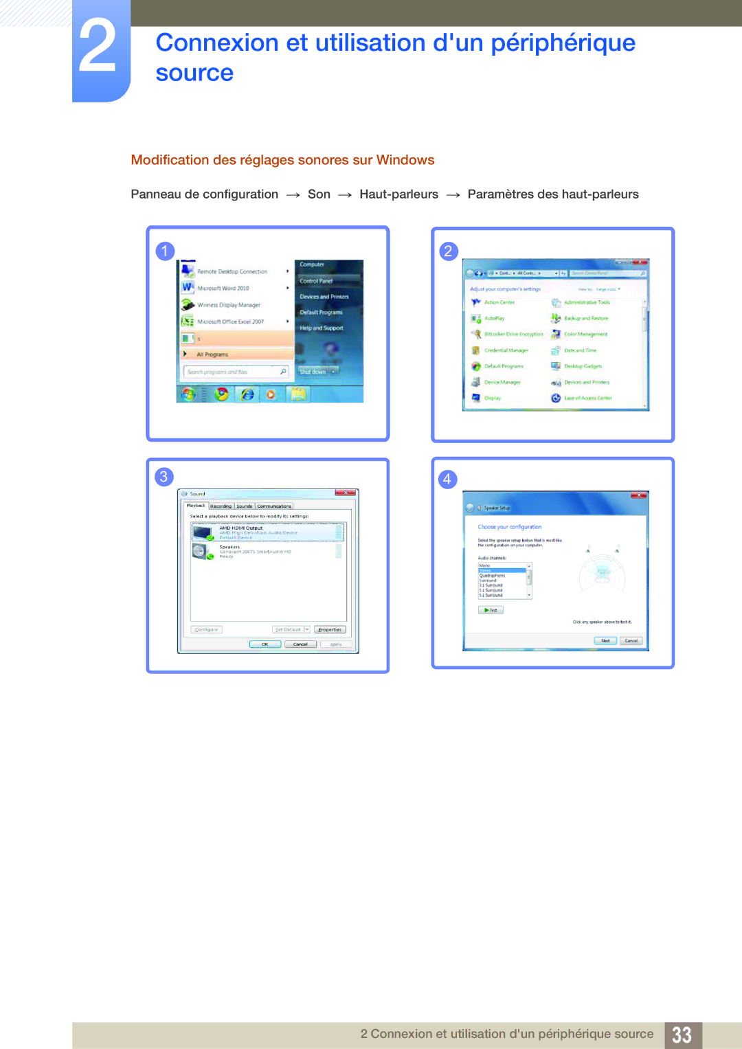 Samsung LS27C750PS/EN manual Modification des réglages sonores sur Windows 