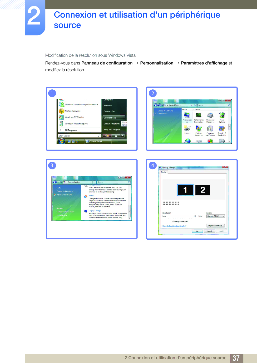 Samsung LS27C750PS/EN manual Modification de la résolution sous Windows Vista 