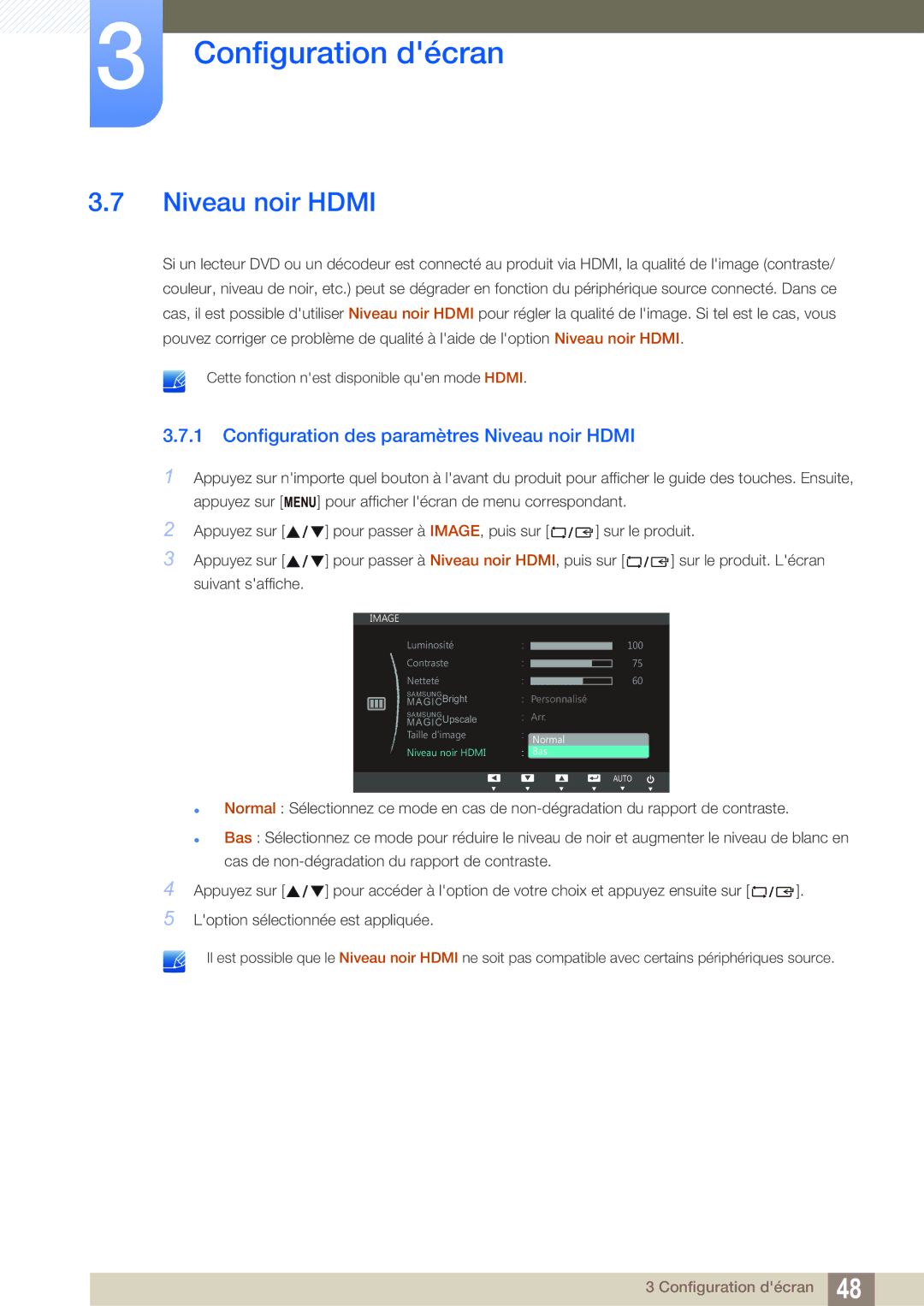 Samsung LS27C750PS/EN manual Configuration des paramètres Niveau noir Hdmi 