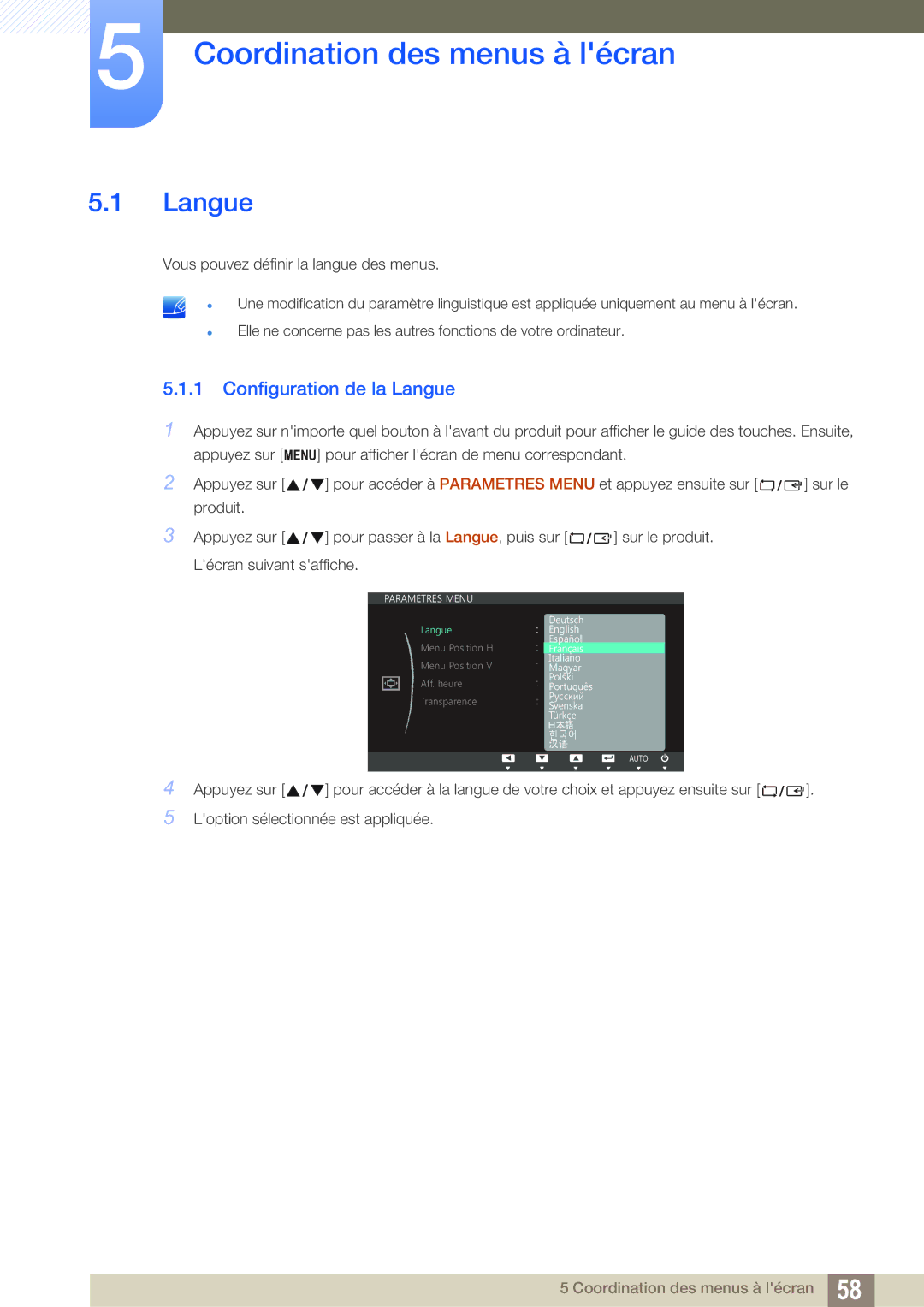 Samsung LS27C750PS/EN manual Coordination des menus à lécran, Configuration de la Langue 