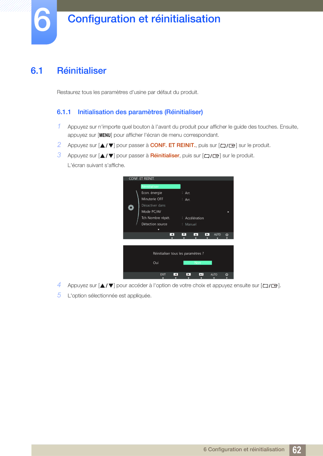 Samsung LS27C750PS/EN manual Configuration et réinitialisation, Initialisation des paramètres Réinitialiser 