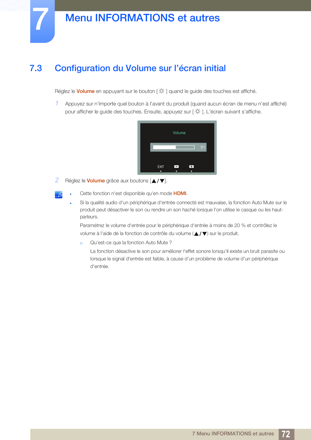 Samsung LS27C750PS/EN manual Configuration du Volume sur l’écran initial 