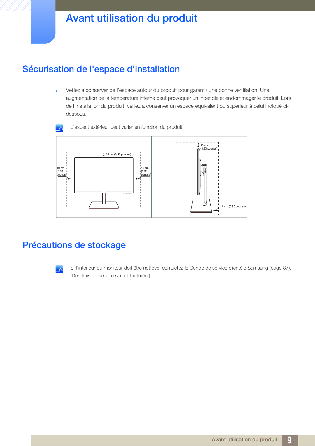 Samsung LS27C750PS/EN manual Sécurisation de lespace dinstallation, Précautions de stockage 