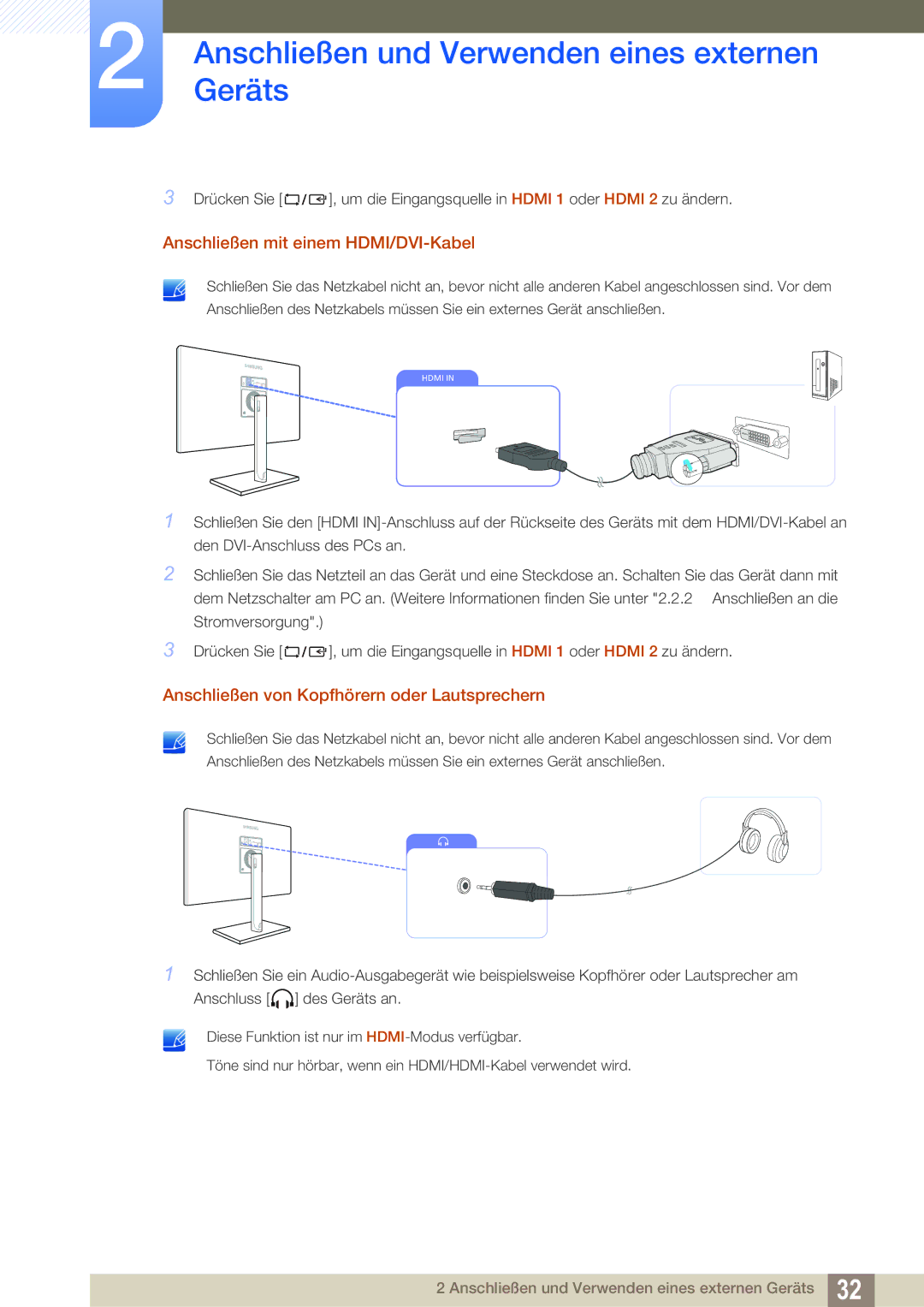 Samsung LS27C750PS/EN manual Anschließen mit einem HDMI/DVI-Kabel, Anschließen von Kopfhörern oder Lautsprechern 