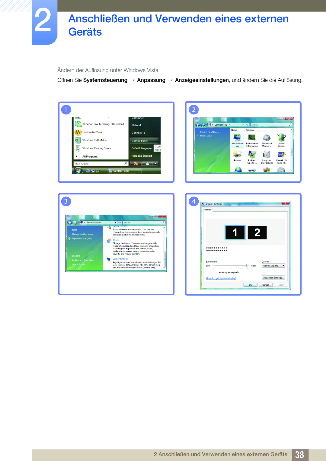 Samsung LS27C750PS/EN manual Ändern der Auflösung unter Windows Vista 