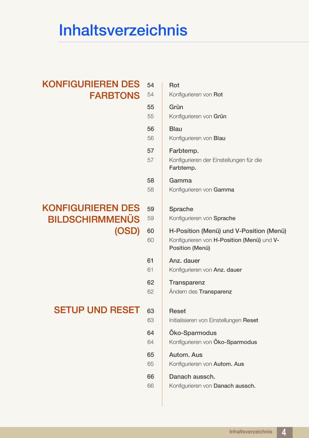 Samsung LS27C750PS/EN manual Konfigurieren DES Bildschirmmenüs OSD Setup UND Reset 