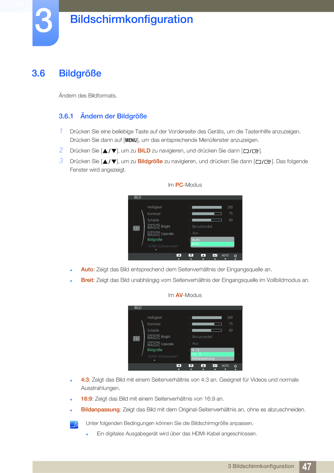 Samsung LS27C750PS/EN manual 1 Ändern der Bildgröße 