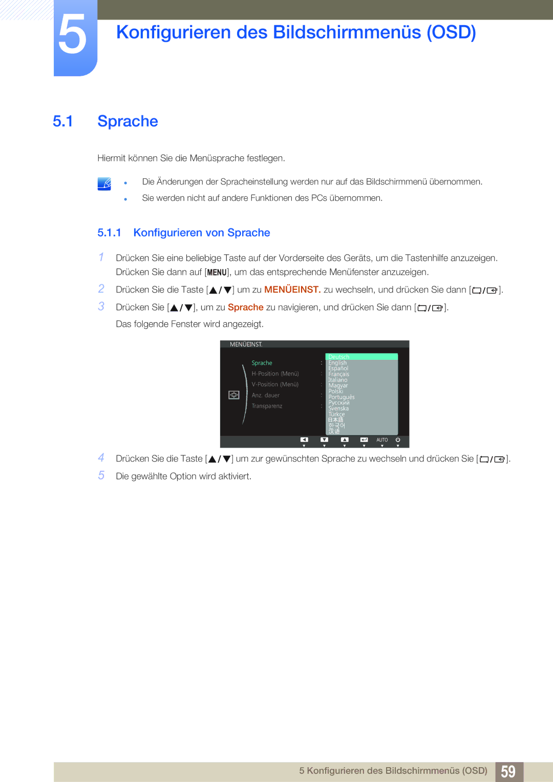 Samsung LS27C750PS/EN manual Konfigurieren des Bildschirmmenüs OSD, Konfigurieren von Sprache 