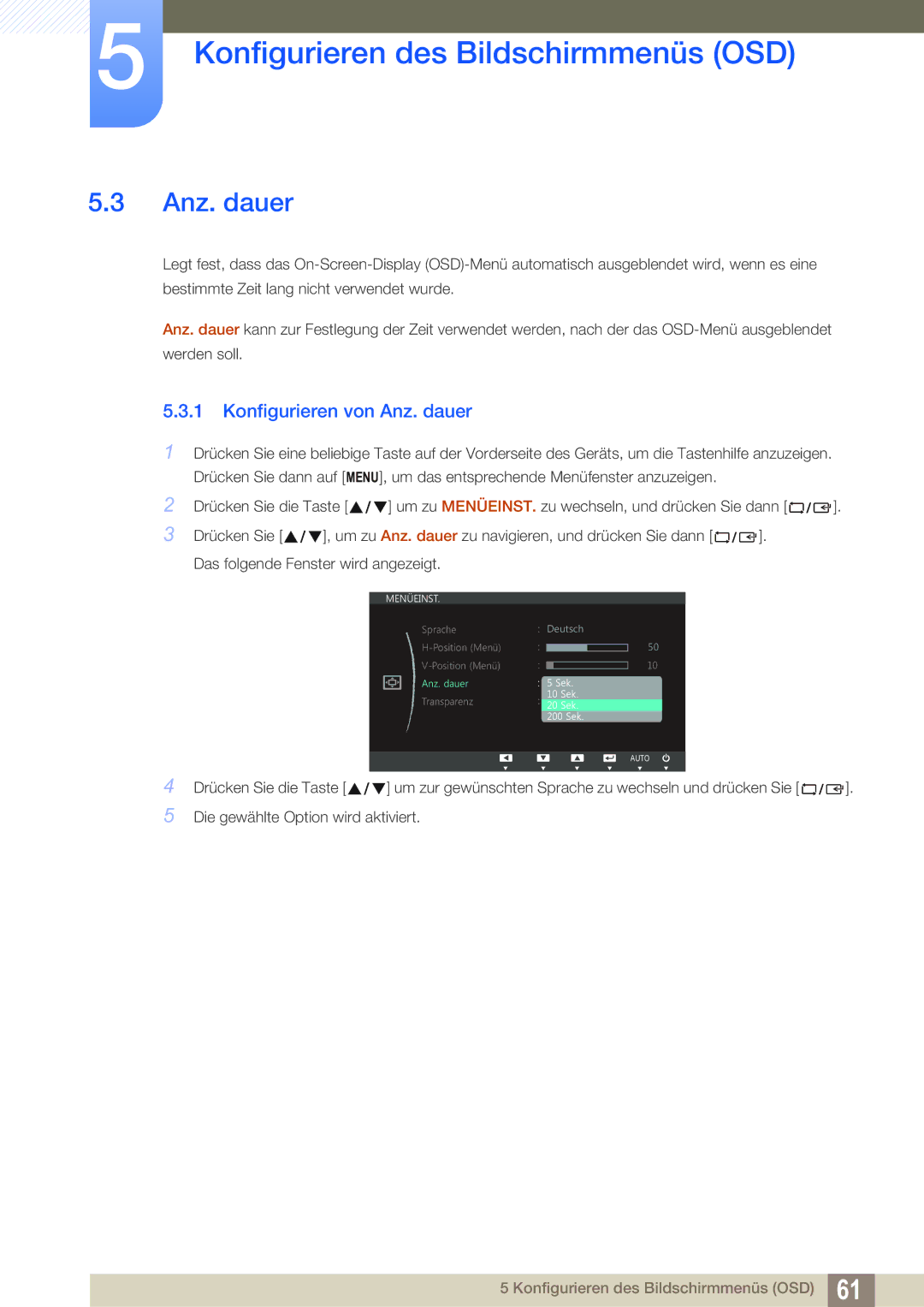 Samsung LS27C750PS/EN manual Konfigurieren von Anz. dauer 