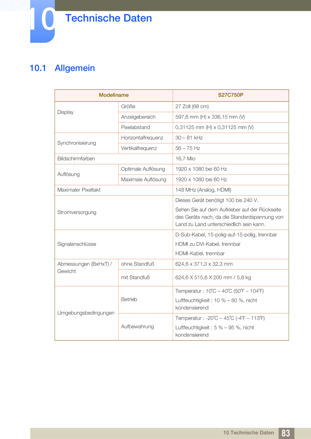 Samsung LS27C750PS/EN manual Technische Daten, Allgemein 