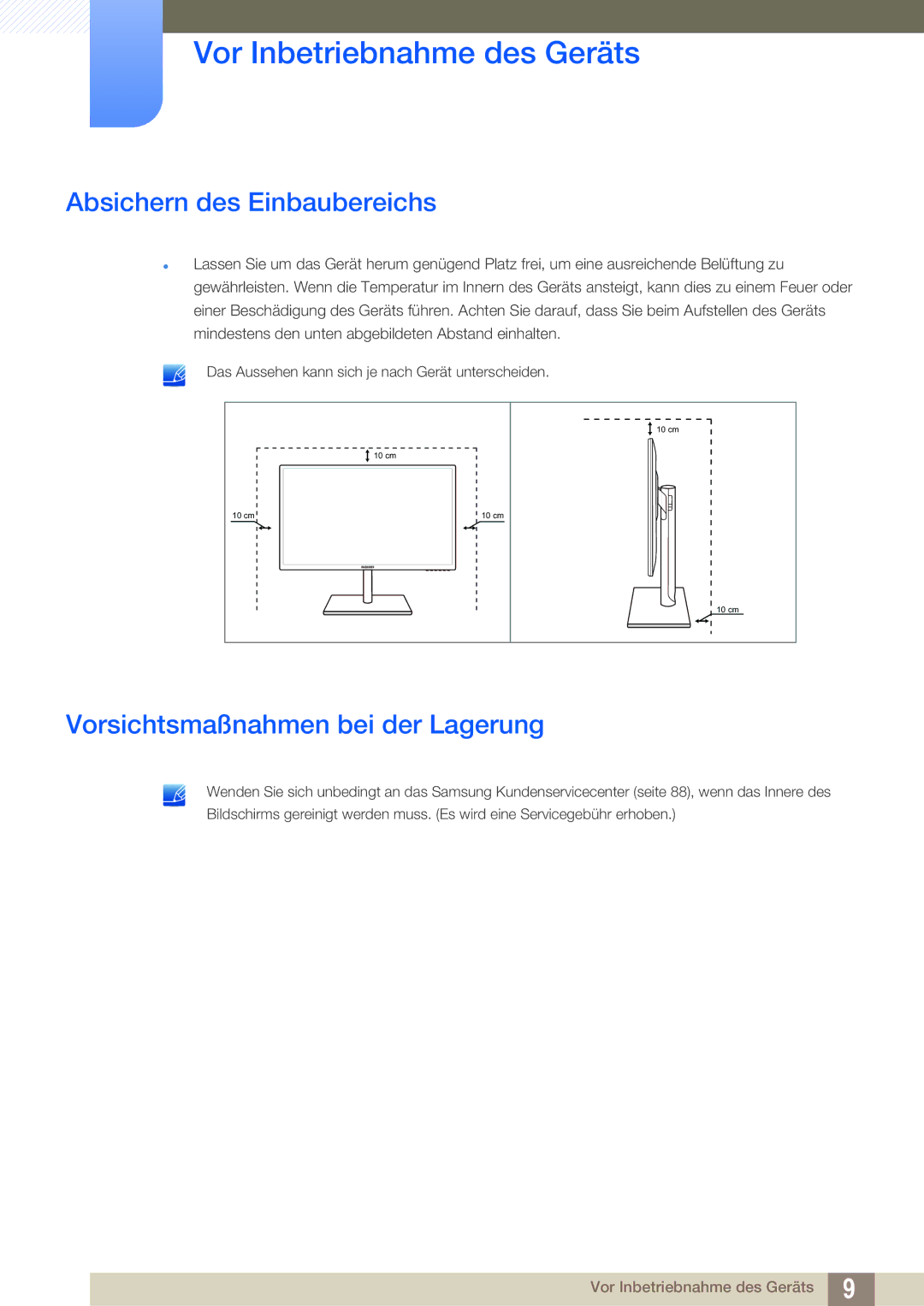 Samsung LS27C750PS/EN manual Absichern des Einbaubereichs, Vorsichtsmaßnahmen bei der Lagerung 