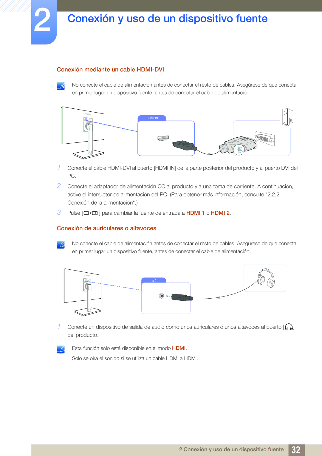 Samsung LS27C750PS/EN manual Conexión mediante un cable HDMI-DVI, Conexión de auriculares o altavoces 