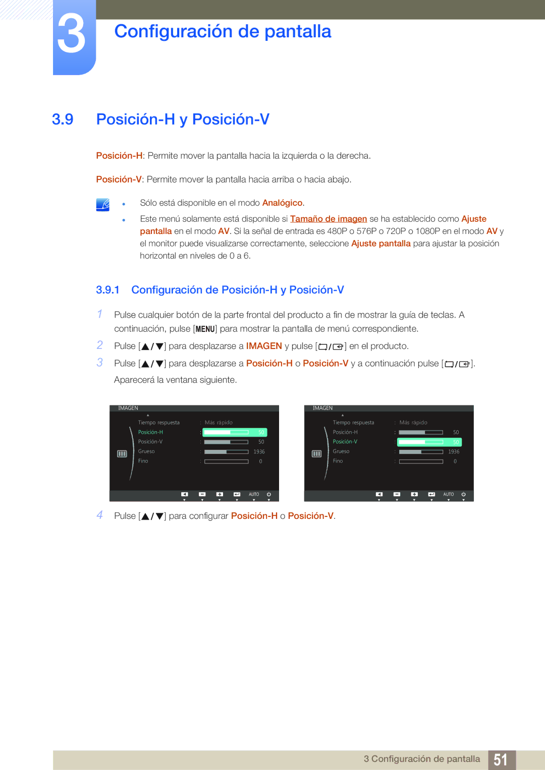 Samsung LS27C750PS/EN manual Configuración de Posición-H y Posición-V 