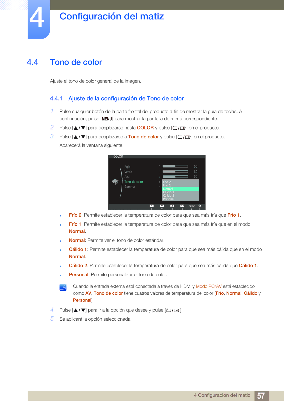 Samsung LS27C750PS/EN manual Ajuste de la configuración de Tono de color 