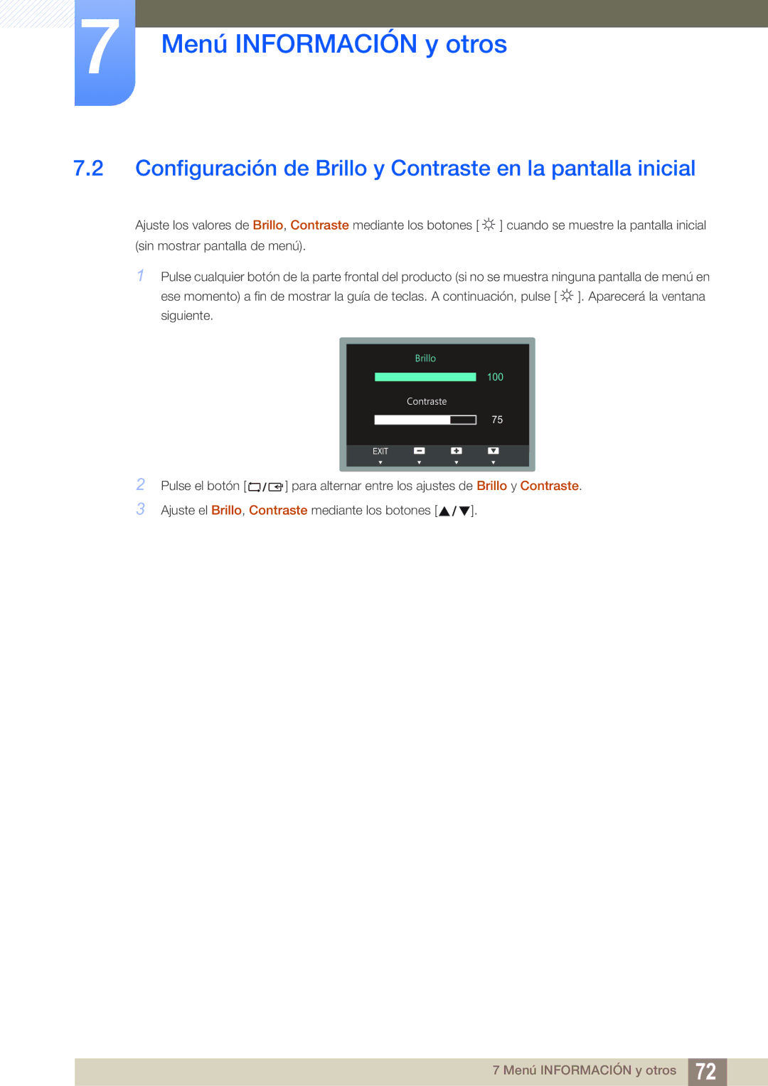 Samsung LS27C750PS/EN manual Configuración de Brillo y Contraste en la pantalla inicial 