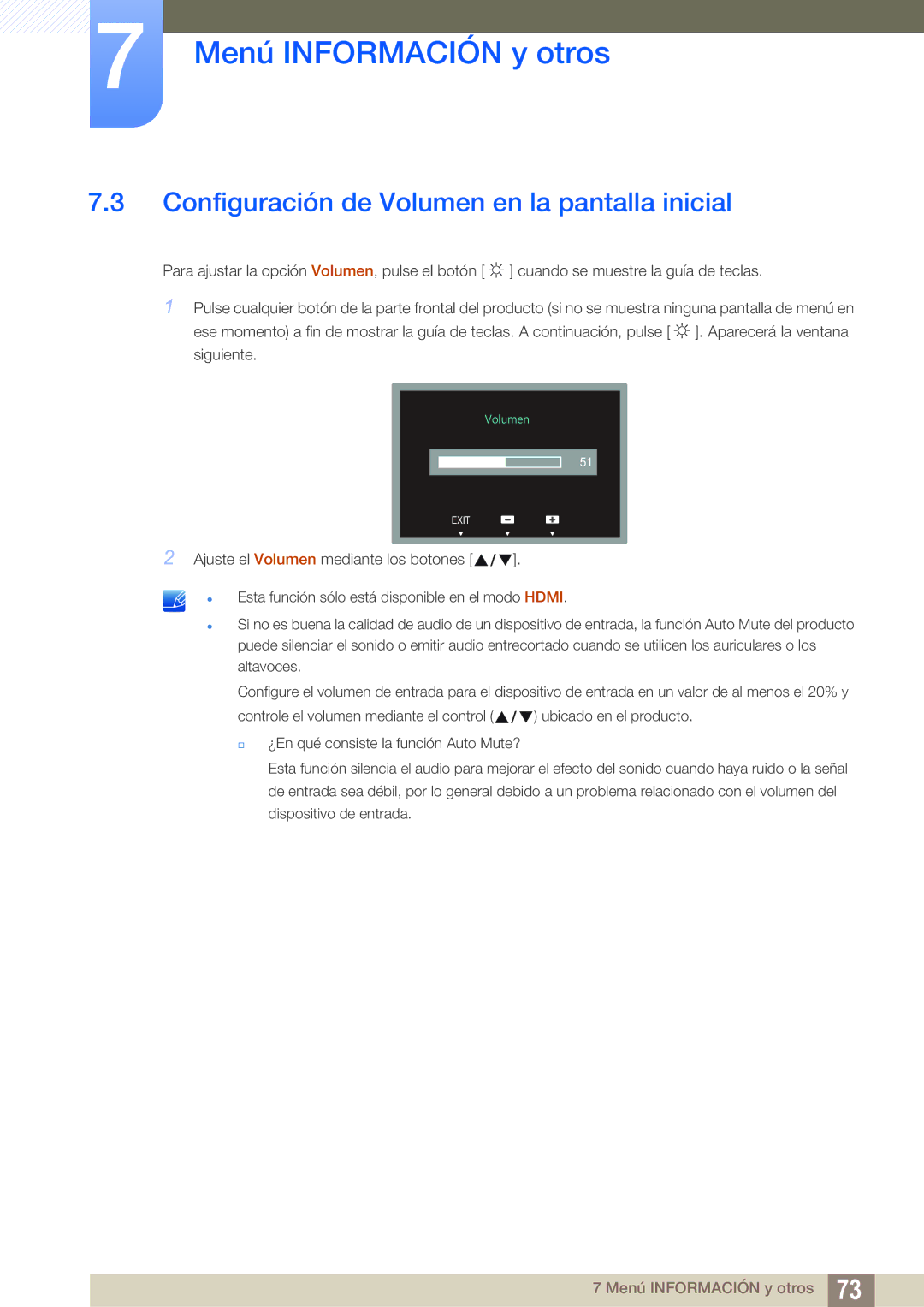 Samsung LS27C750PS/EN manual Configuración de Volumen en la pantalla inicial 