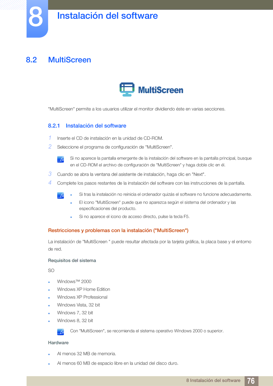 Samsung LS27C750PS/EN manual Restricciones y problemas con la instalación MultiScreen 