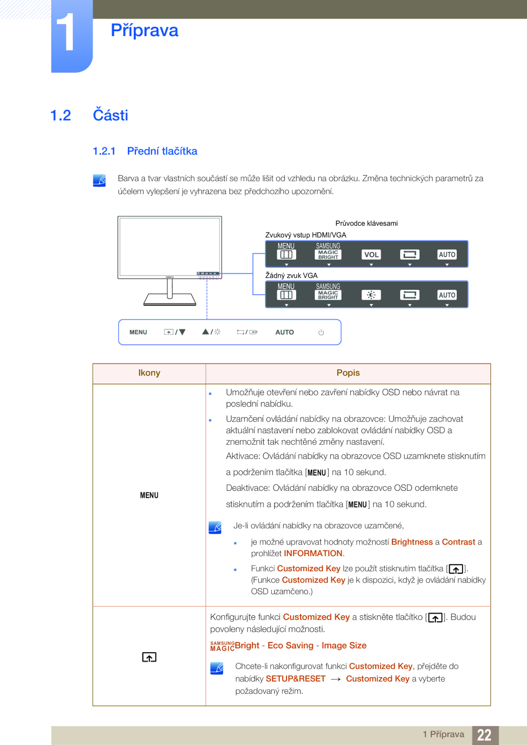 Samsung LS27C750PS/EN manual Části, 1 Přední tlačítka 