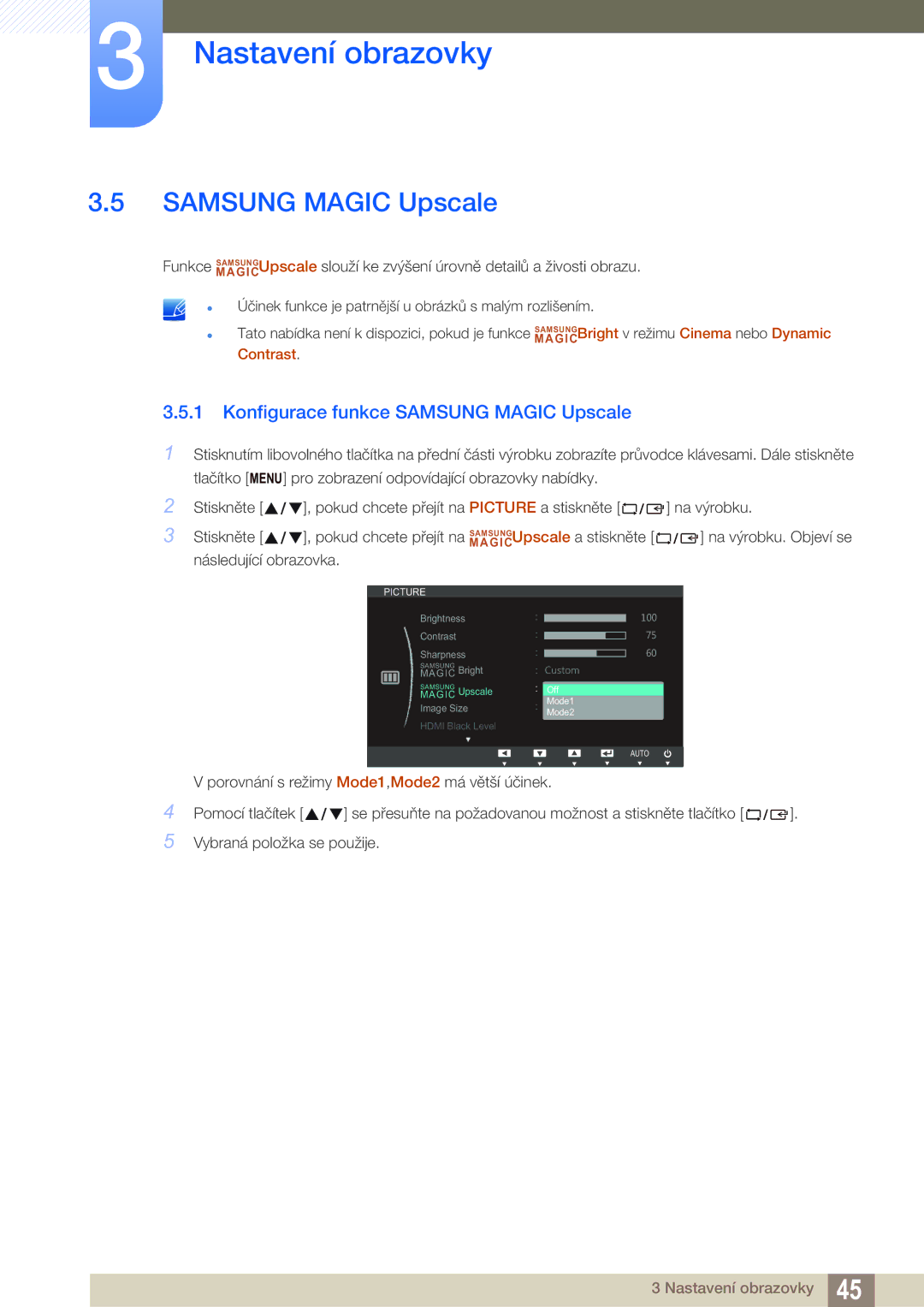 Samsung LS27C750PS/EN manual Konfigurace funkce Samsung Magic Upscale 