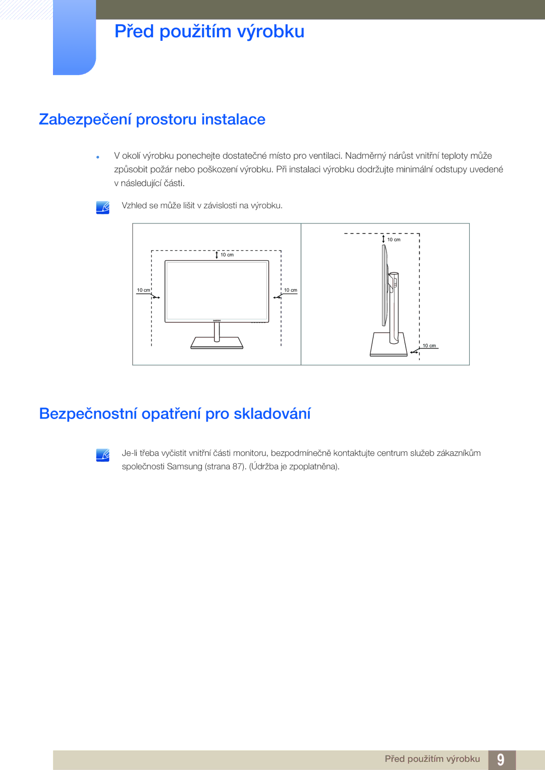 Samsung LS27C750PS/EN manual Zabezpečení prostoru instalace, Bezpečnostní opatření pro skladování 