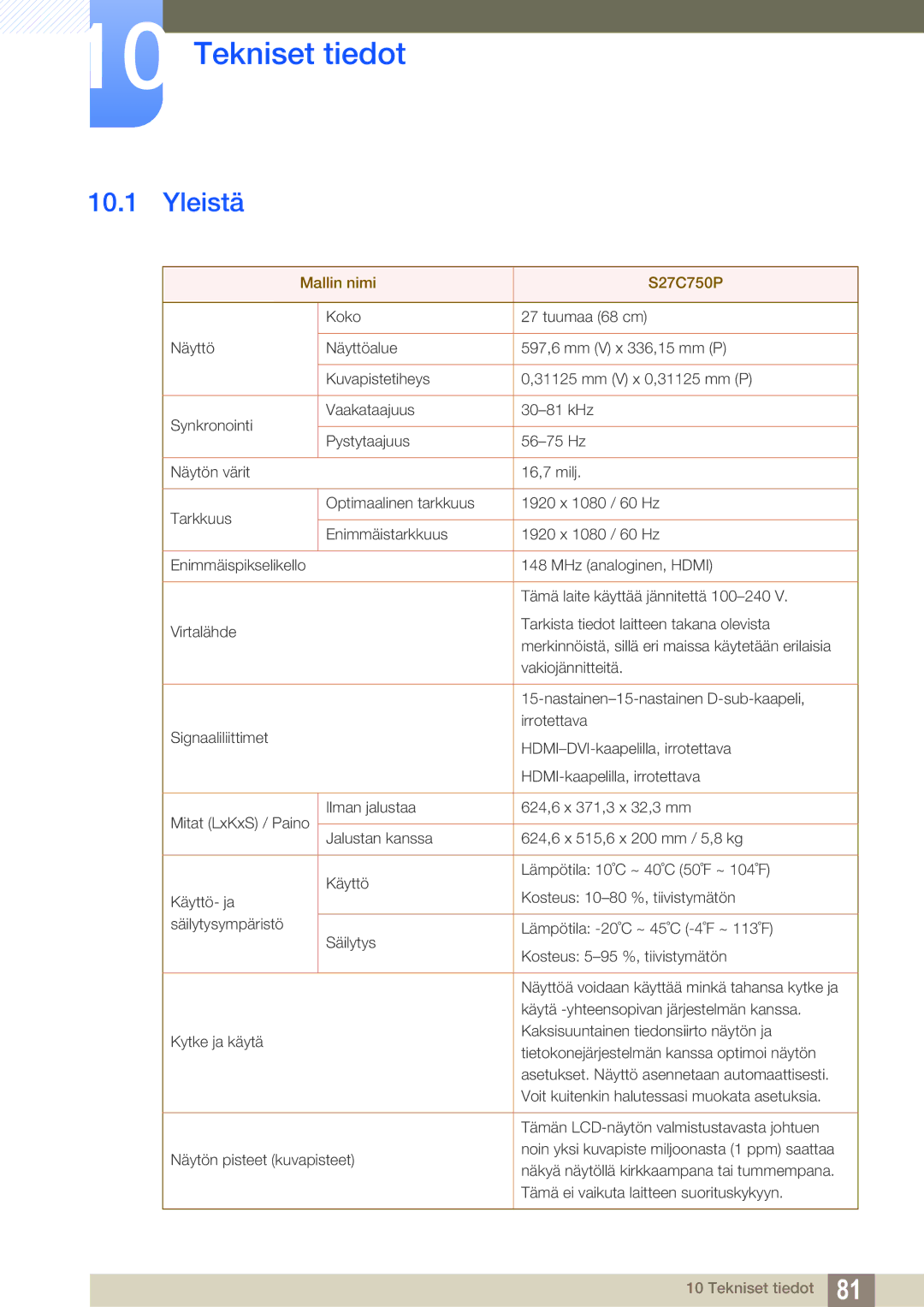 Samsung LS27C750PS/EN manual Tekniset tiedot, Yleistä 