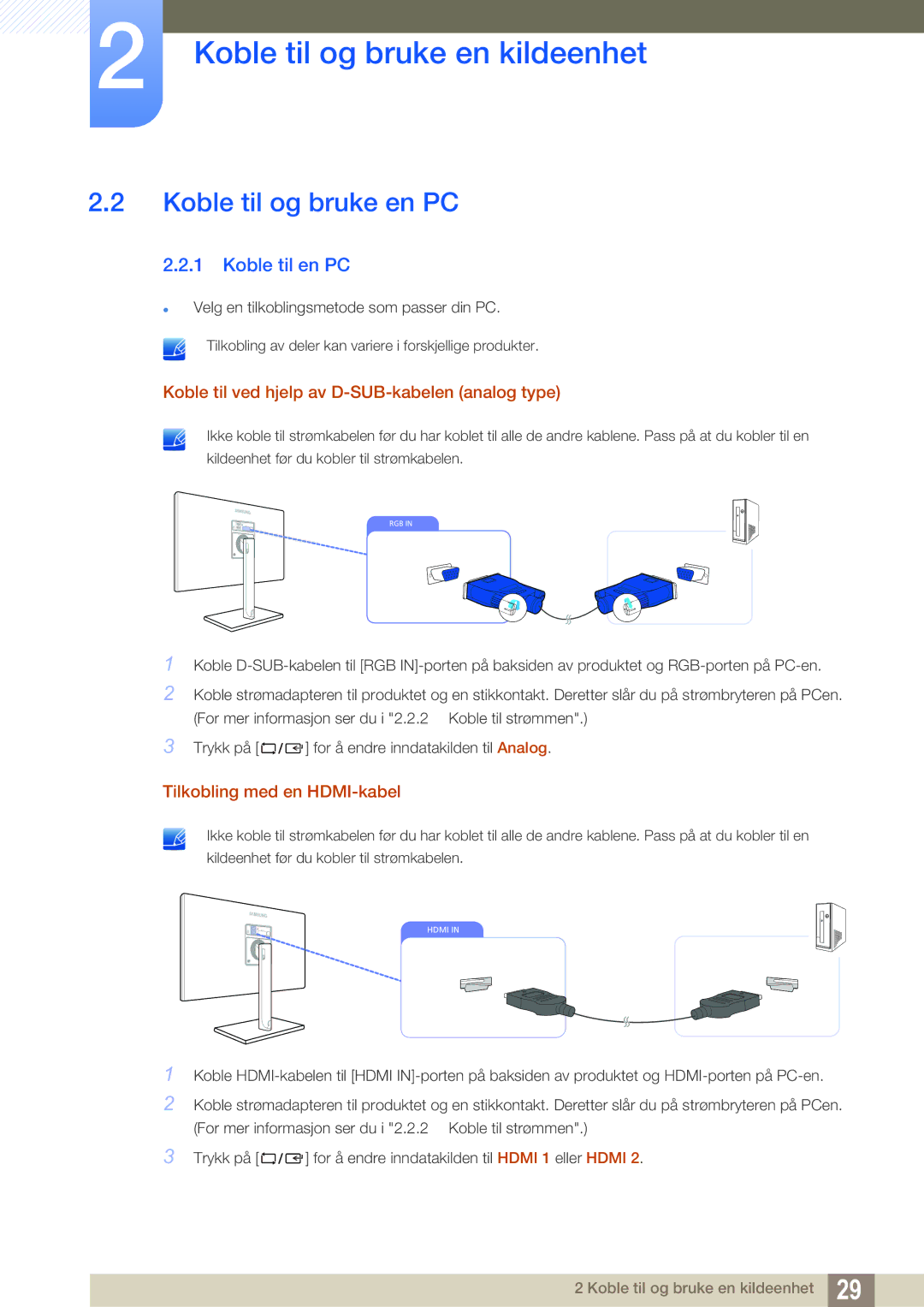 Samsung LS27C750PS/EN manual Koble til og bruke en PC, Koble til en PC, Koble til ved hjelp av D-SUB-kabelen analog type 