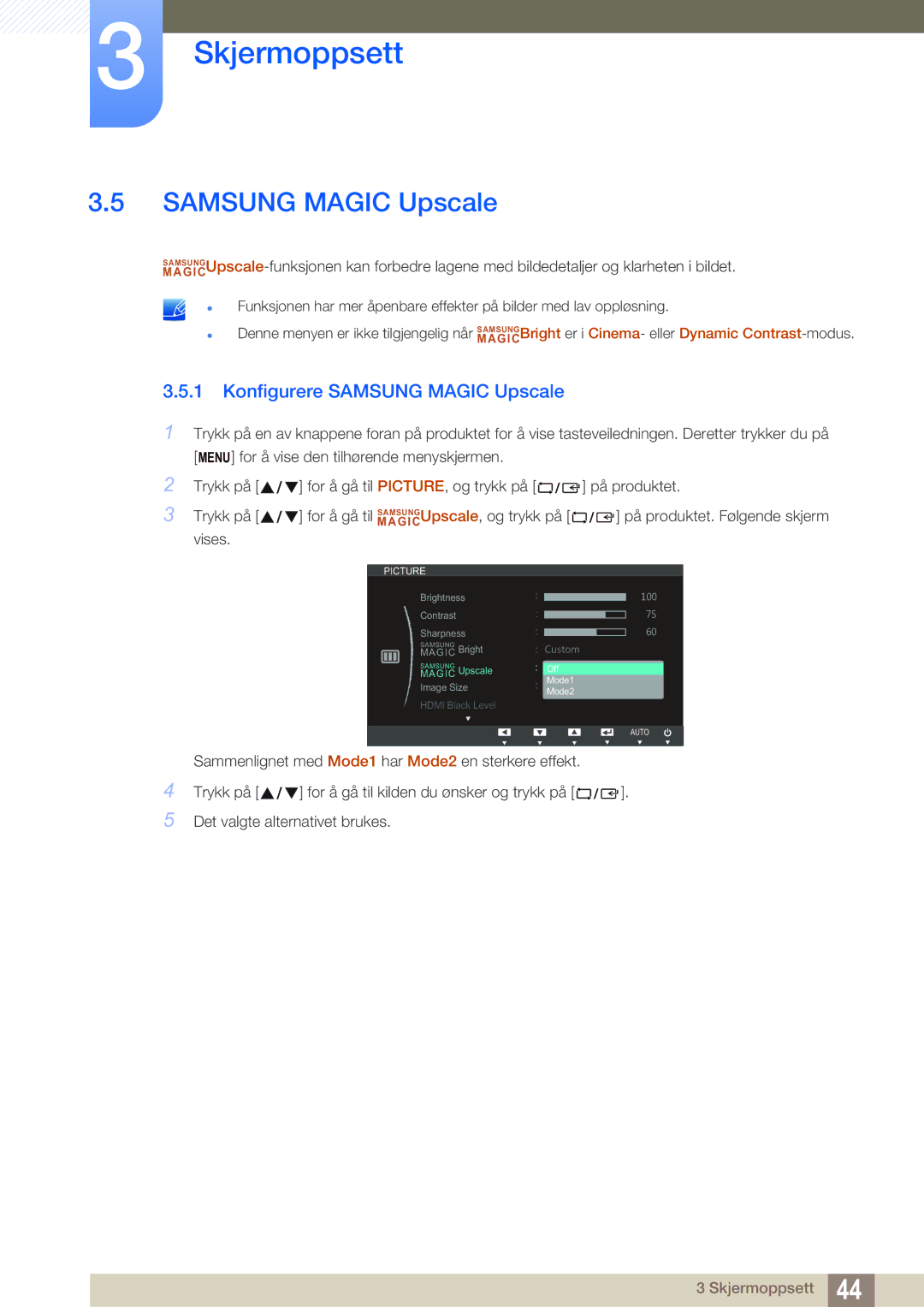 Samsung LS27C750PS/EN manual Konfigurere Samsung Magic Upscale 