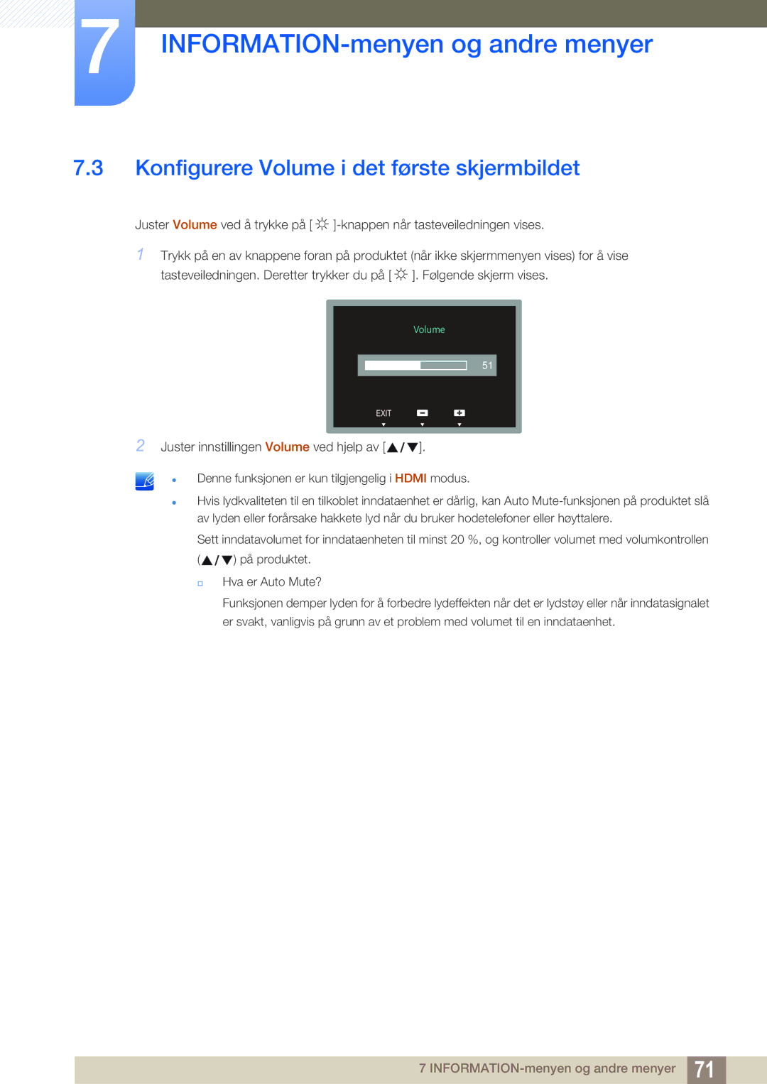 Samsung LS27C750PS/EN manual Konfigurere Volume i det første skjermbildet 