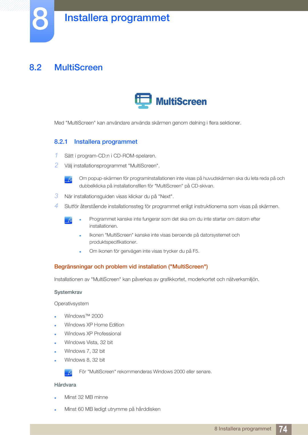 Samsung LS27C750PS/EN manual Begränsningar och problem vid installation MultiScreen 