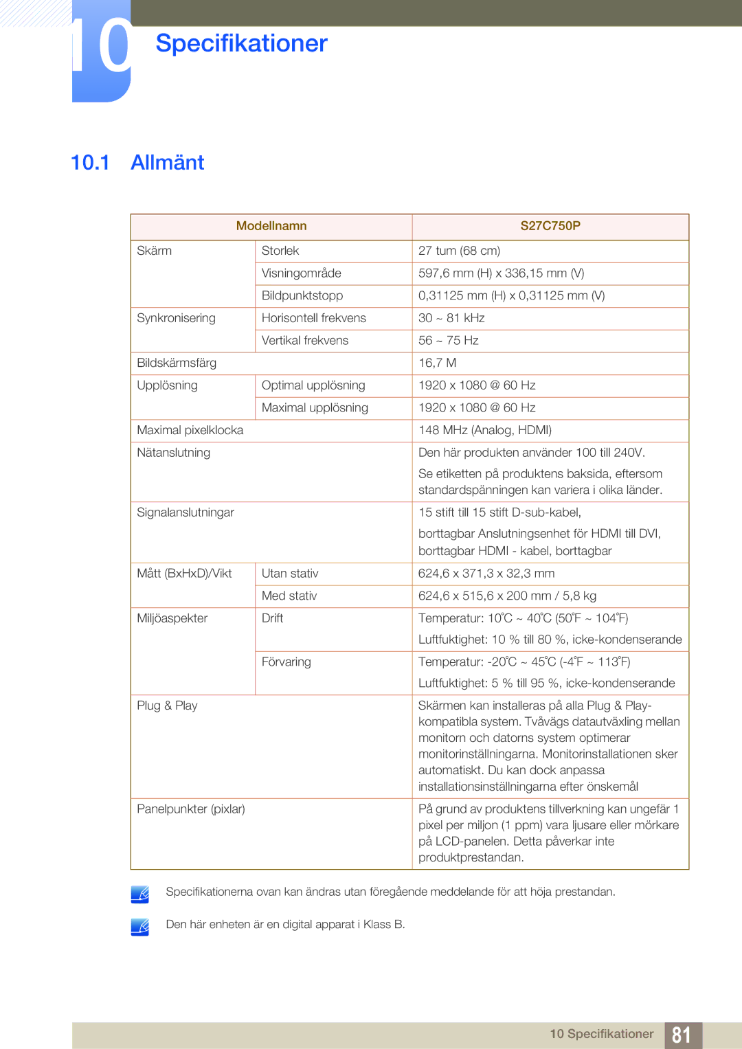 Samsung LS27C750PS/EN manual Specifikationer, Allmänt 