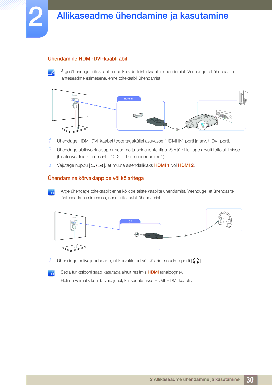 Samsung LS27C750PS/EN manual Ühendamine HDMI-DVI-kaabli abil, Ühendamine kõrvaklappide või kõlaritega 