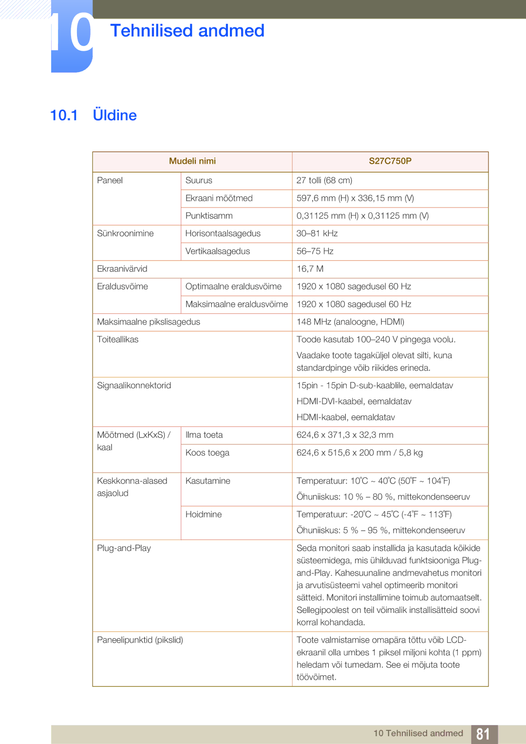 Samsung LS27C750PS/EN manual Tehnilised andmed, 10.1 Üldine 