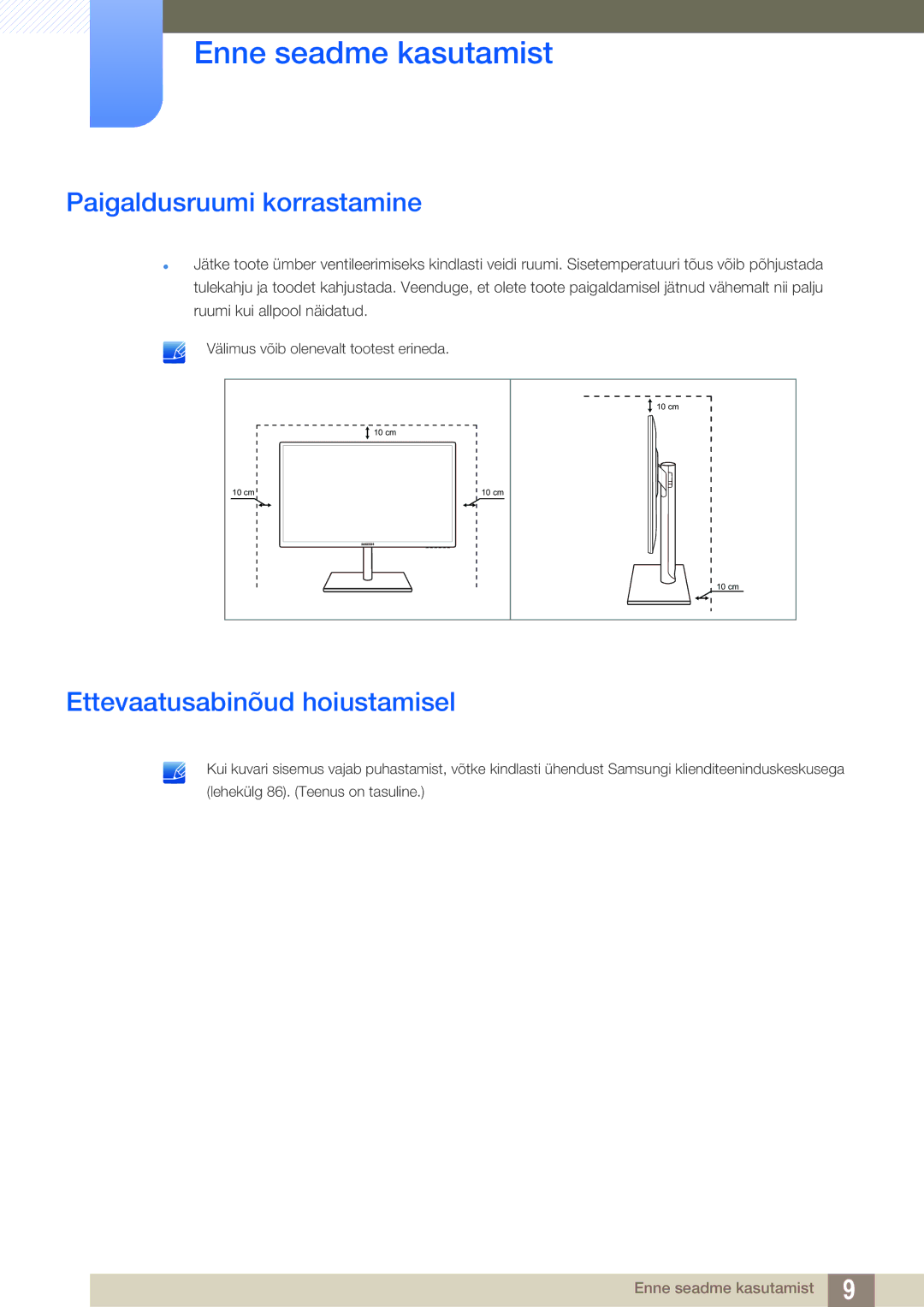 Samsung LS27C750PS/EN manual Paigaldusruumi korrastamine, Ettevaatusabinõud hoiustamisel 