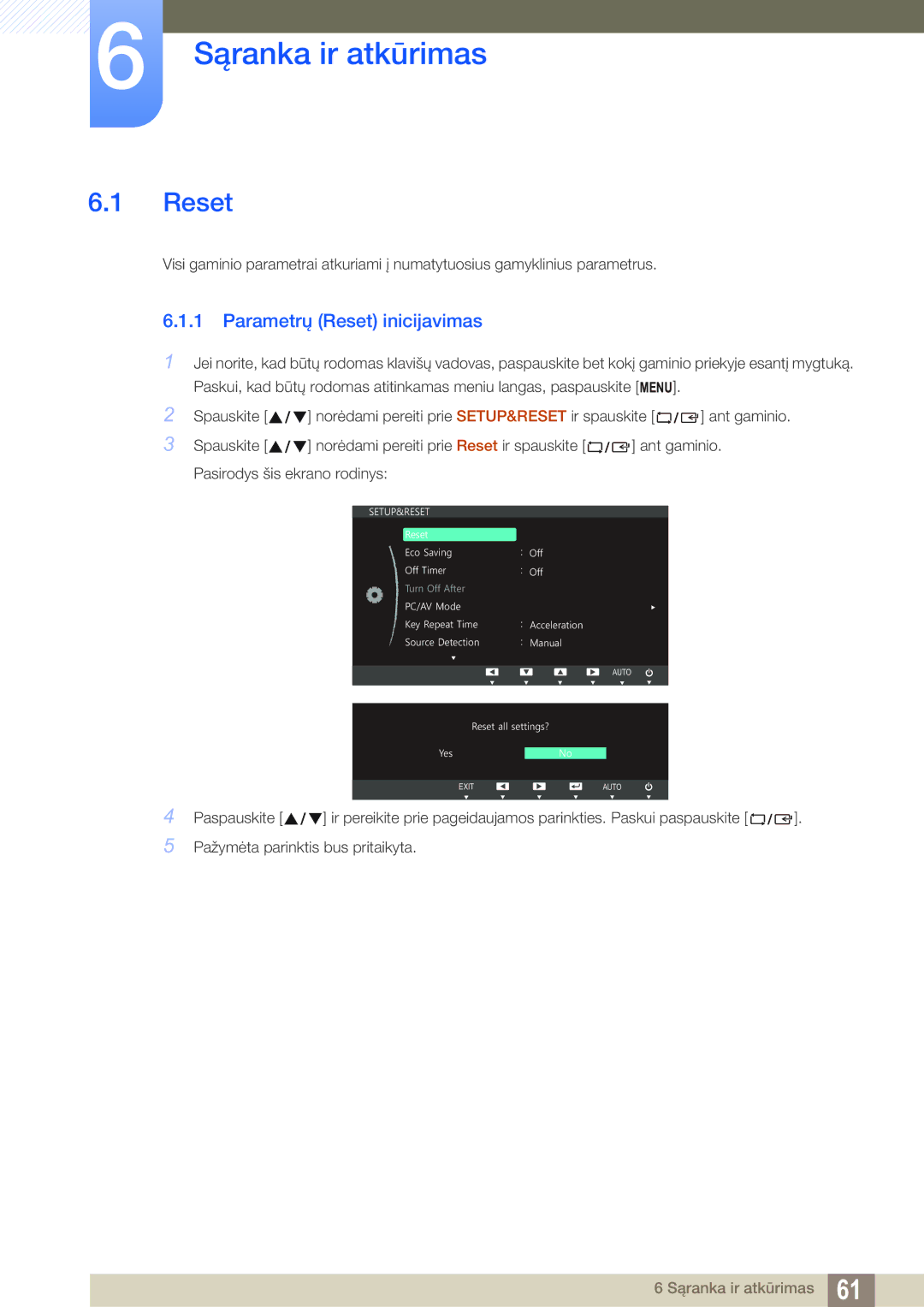 Samsung LS27C750PS/EN manual Sąranka ir atkūrimas, Parametrų Reset inicijavimas 