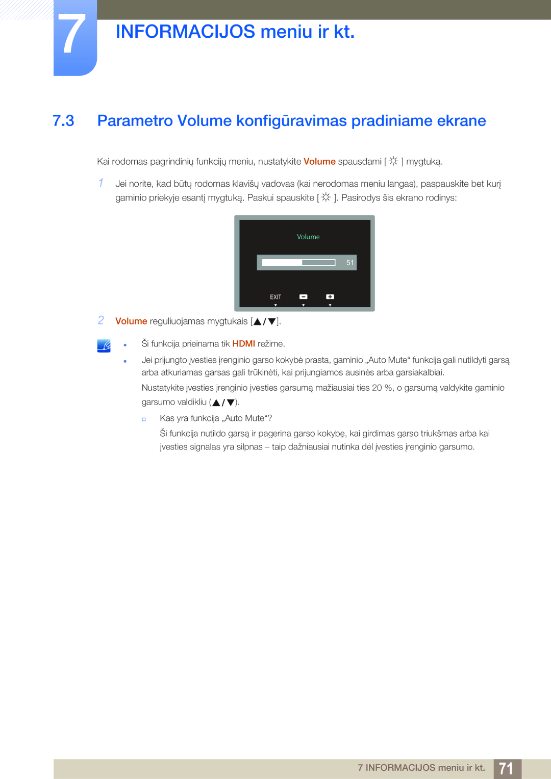 Samsung LS27C750PS/EN manual Parametro Volume konfigūravimas pradiniame ekrane 