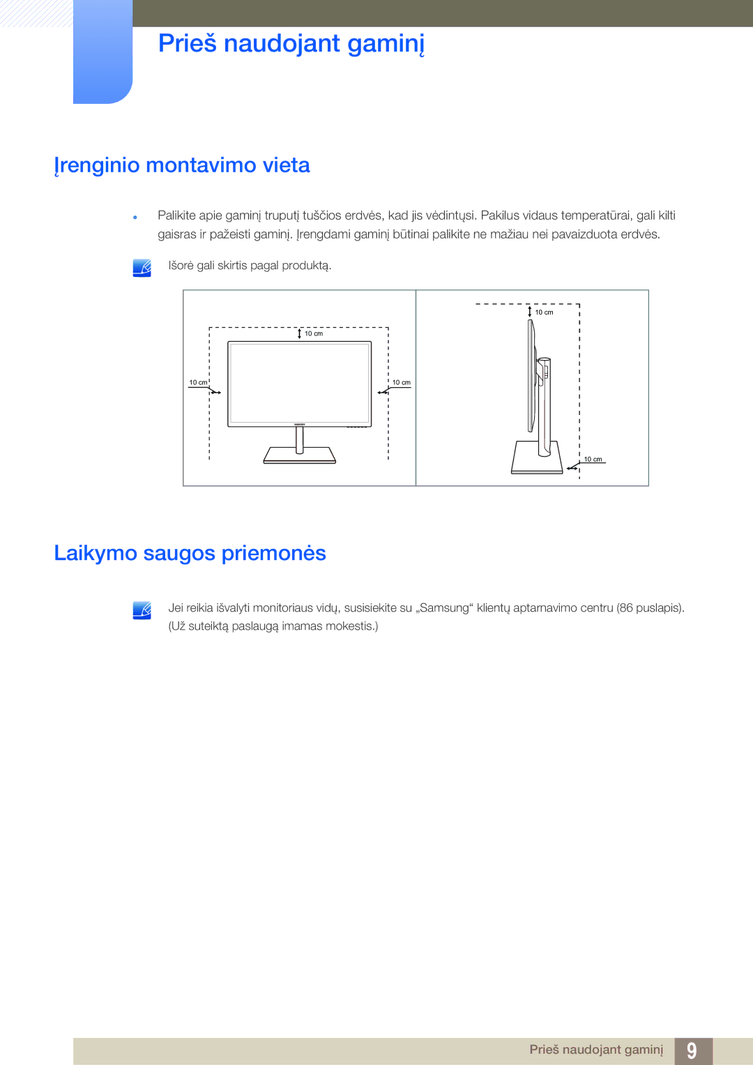 Samsung LS27C750PS/EN manual Įrenginio montavimo vieta, Laikymo saugos priemonės 