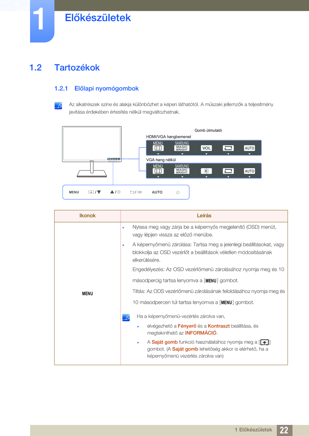 Samsung LS27C750PS/EN manual Tartozékok, 1 Előlapi nyomógombok 