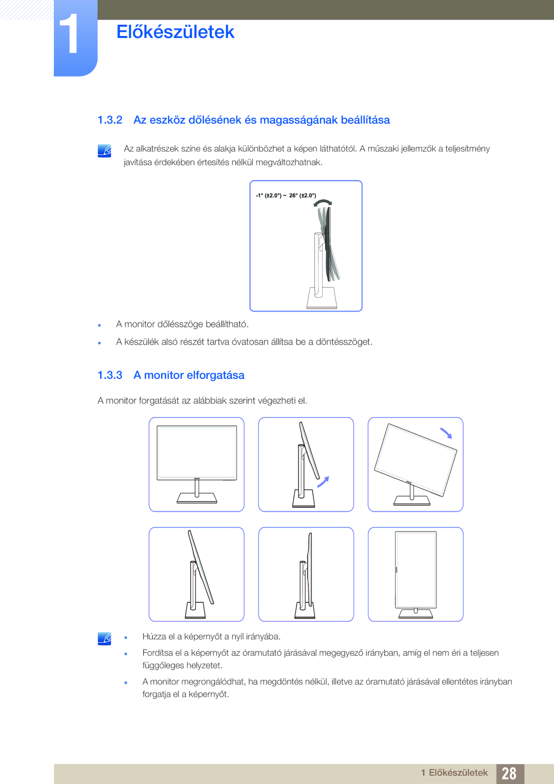 Samsung LS27C750PS/EN manual Az eszköz dőlésének és magasságának beállítása, Monitor elforgatása 