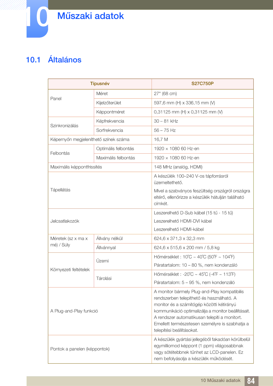 Samsung LS27C750PS/EN manual 10 Műszaki adatok, 10.1 Általános 