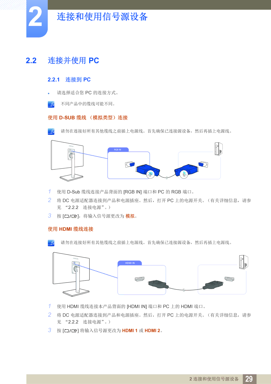 Samsung LS27C750PS/EN manual 连接并使用 Pc, 1 连接到 PC 