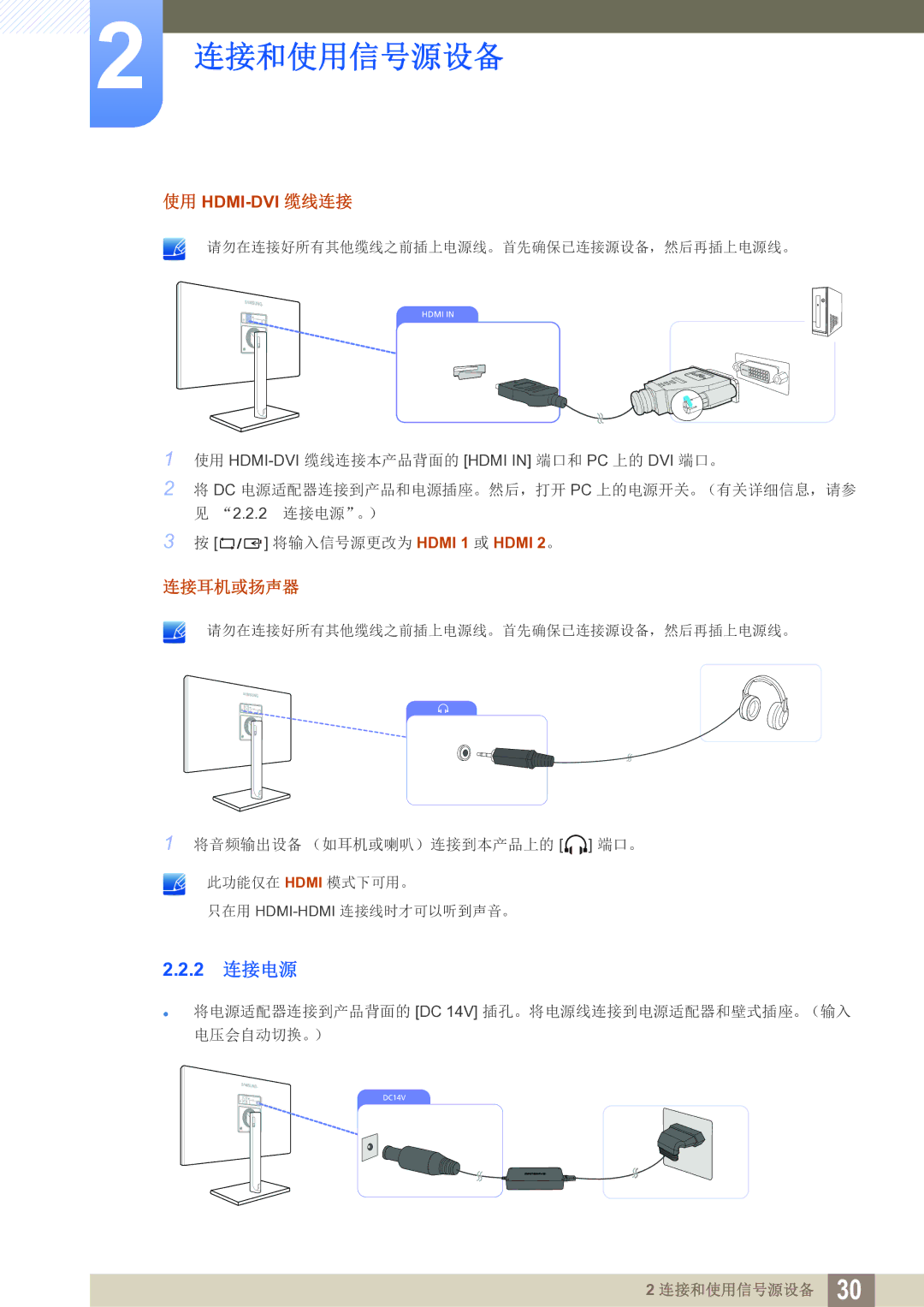 Samsung LS27C750PS/EN manual 2 连接电源, 使用 Hdmi-Dvi 缆线连接 