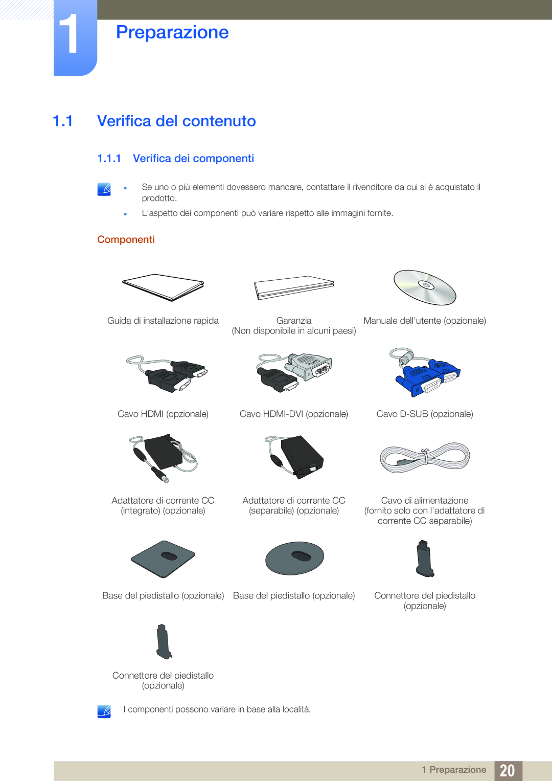 Samsung LS22D390HS/EN, LS27D390HS/EN manual Preparazione, Verifica del contenuto, Verifica dei componenti, Componenti 