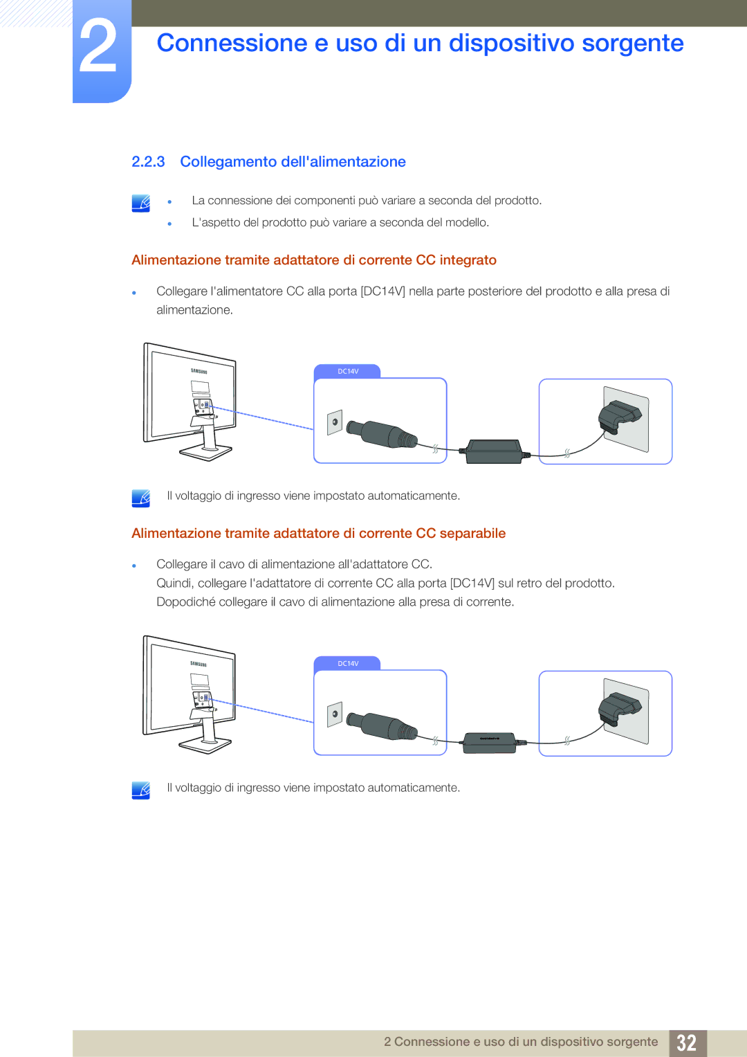 Samsung LS22D390HS/EN manual Collegamento dellalimentazione, Alimentazione tramite adattatore di corrente CC integrato 