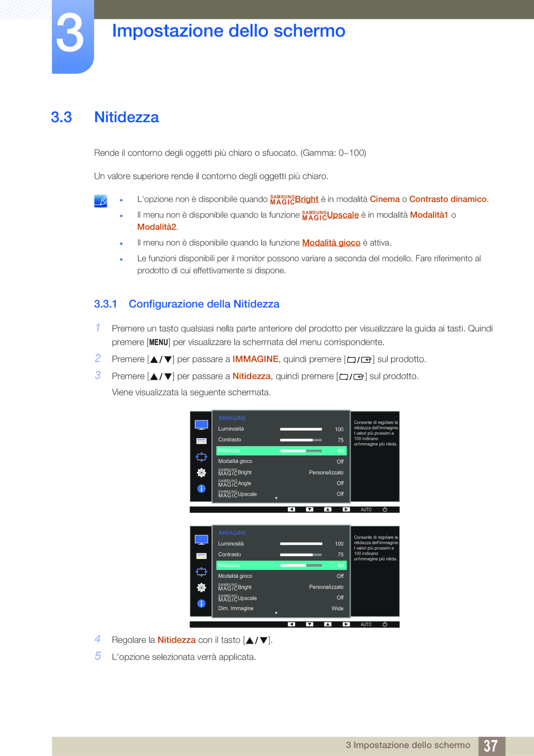 Samsung LS24D390HL/EN, LS27D390HS/EN, LS22D390HS/EN manual Configurazione della Nitidezza 